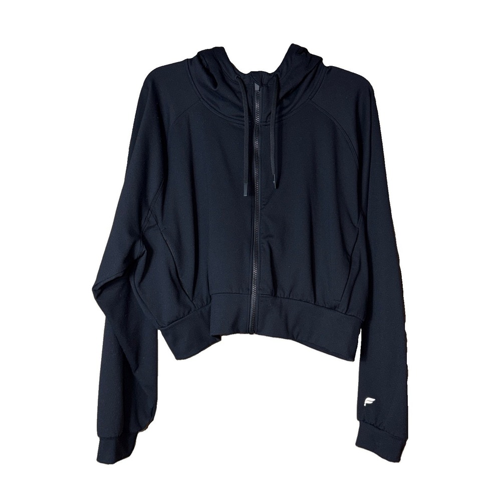 Fabletics Full Zip Cropped Hoodie Woman's Size L Black Athletic Hooded Pockets